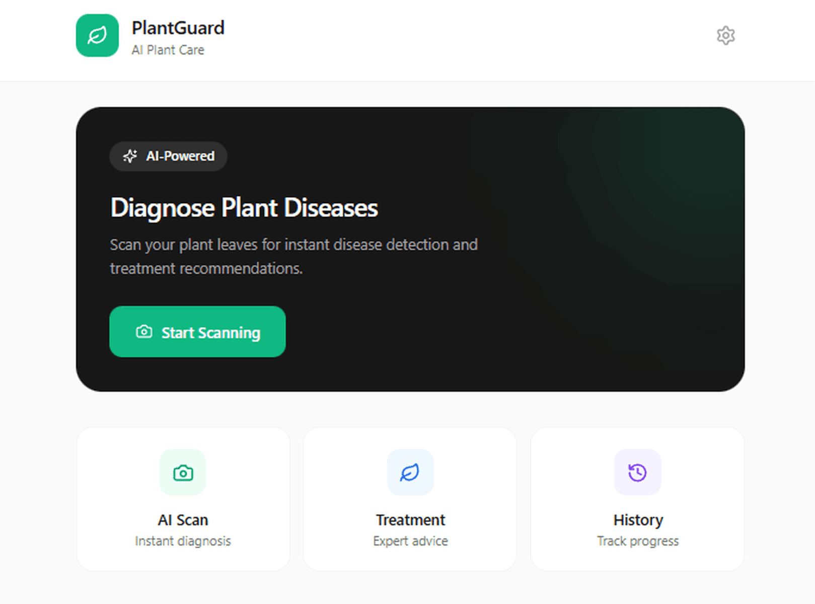 PlantGuard app interface with options to scan plants for diseases, get treatment advice, and track history.