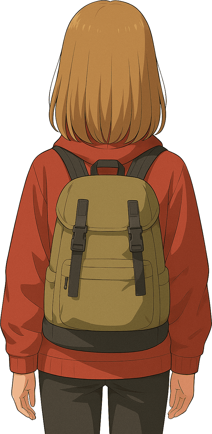 Dessin d'une femme de dos, cheveux mi-longs bruns clairs, avec un pull rouge, un sac à dos kaki et noir et un pantalon noir. Les bras sont le long du corps