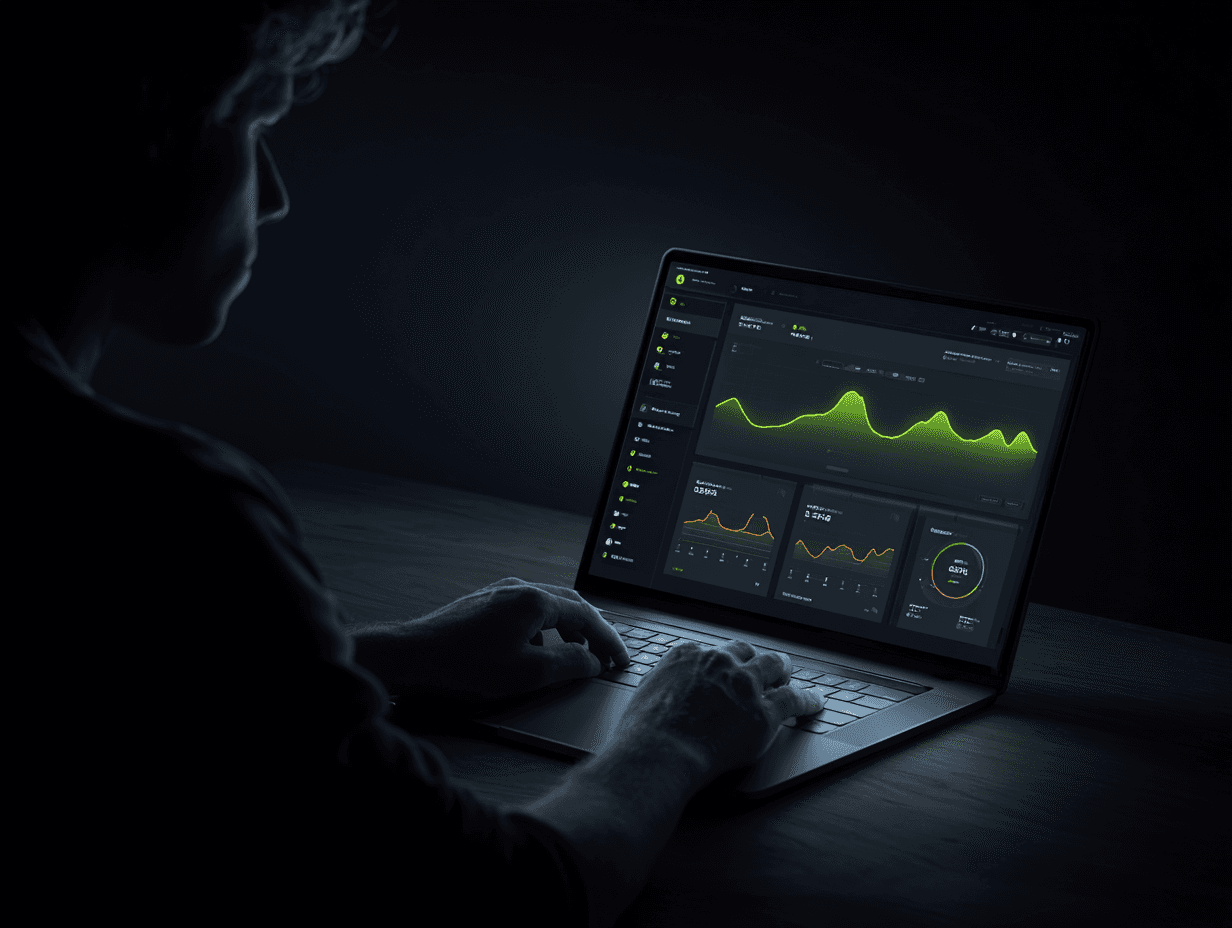 A person focused and looking at laptop which has growth chart