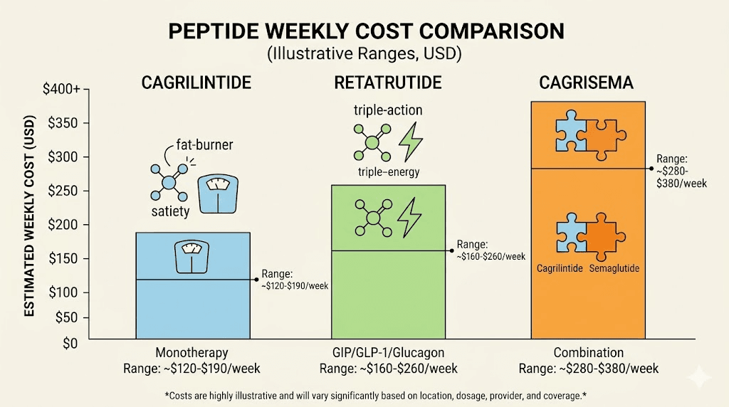 Weekly cost comparison cagrilintide vs retatrutide vs CagriSema combination