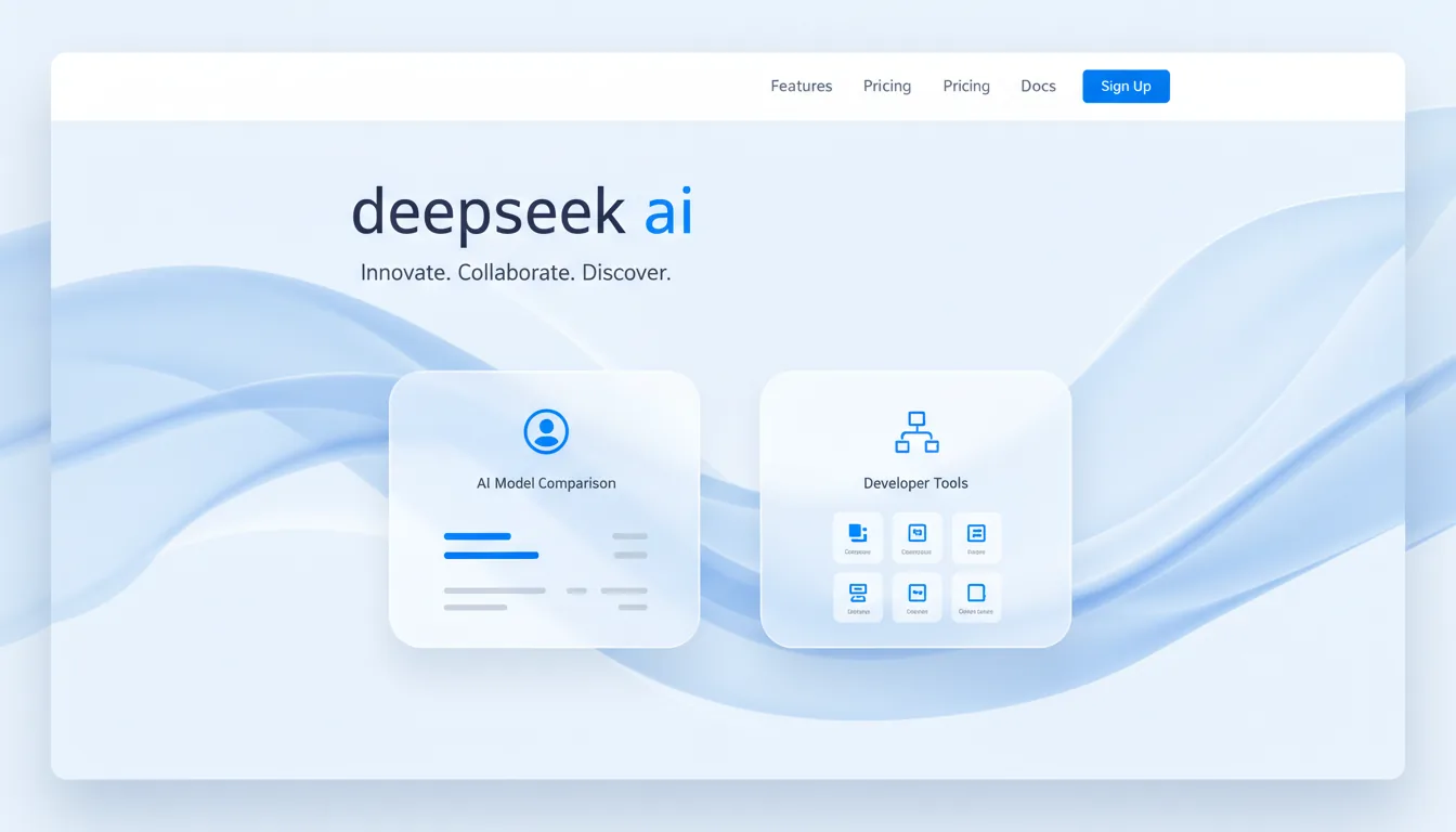Website UI for the DeepSeek AI platform, clean light mode, SaaS landing page style. Centered layout with a large lowercase sans-serif title, a smaller tagline, and two side-by-side content cards. The cards have rounded corners, a subtle glassmorphism effect, and soft drop shadows, containing placeholder UI elements. The background is a soft, abstract graphic of ethereal, flowing waves in light blue and white. The color palette is minimal, with vibrant blue accent colors for titles and key elements.