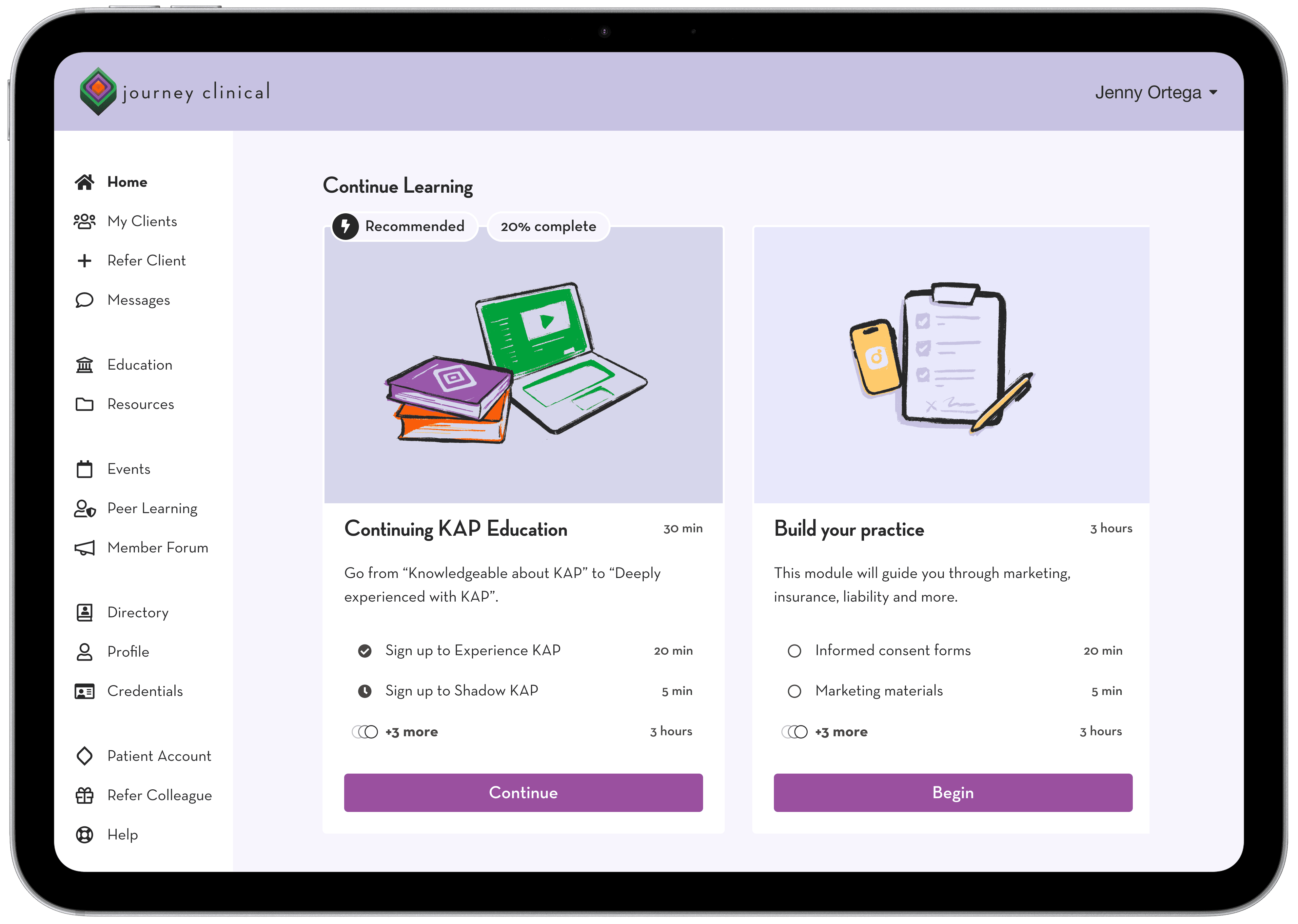 In a massive push to improve therapist conversion from zero KAP Patients to one, I worked cross functionaly with engineering and customer success to create CMS managed learning modules that guide therapists through the content and services Journey offered to prepare therapists to facilitate KAP and build a safe practice. The project was driven by examining exisiting products and support pipelines to determine what experiences correlated most strongly with therapist conversion and make those experiences as accesible as possible.