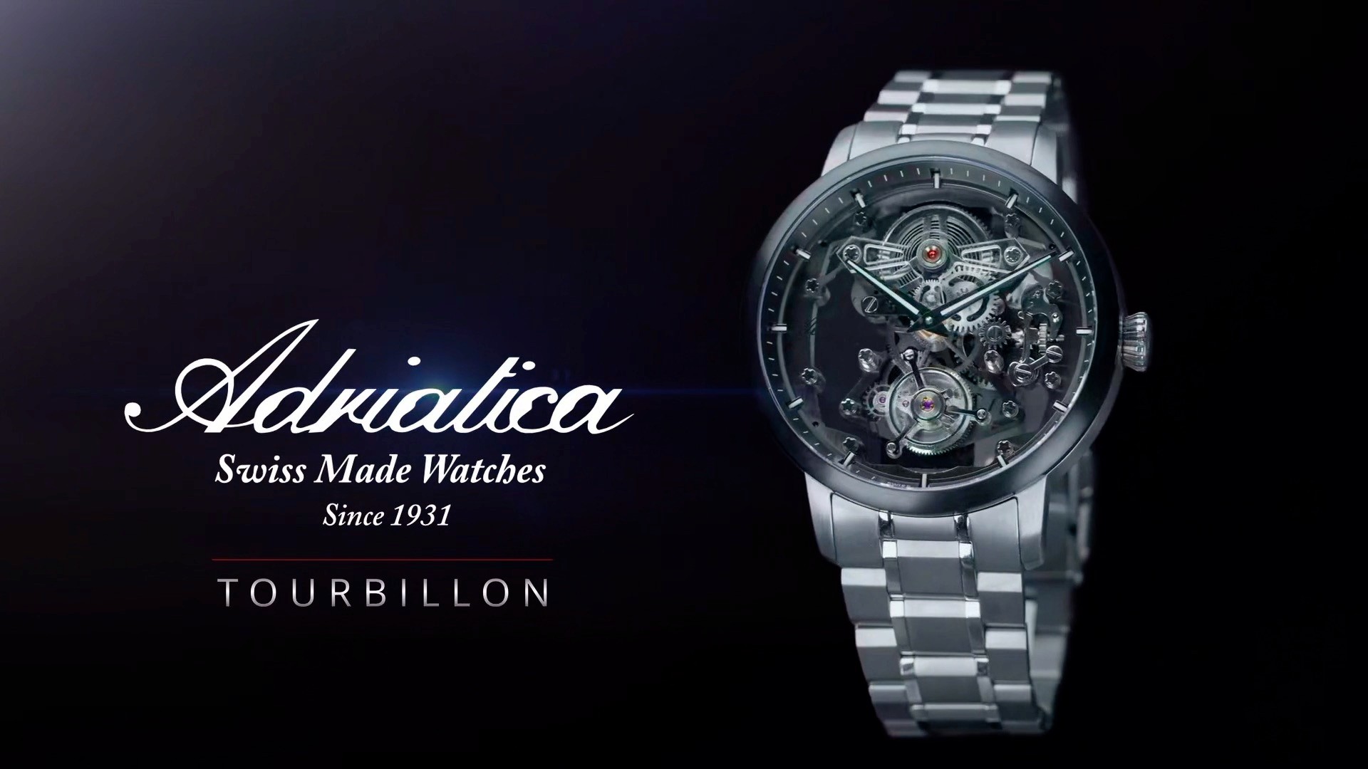 The photograph features a Swiss Adriatica Tourbillon 8888 commercial watch with a silver metallic band, intricate exposed gears, and a sleek modern design, set against a dark background; created by Abarel Studio.