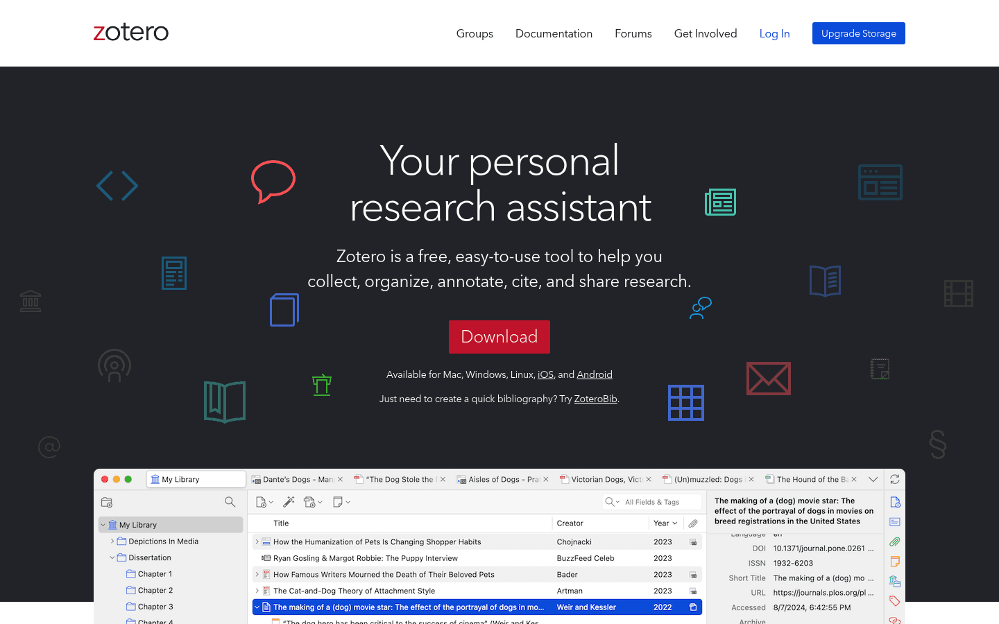 Zotero research and citation manager homepage screenshot