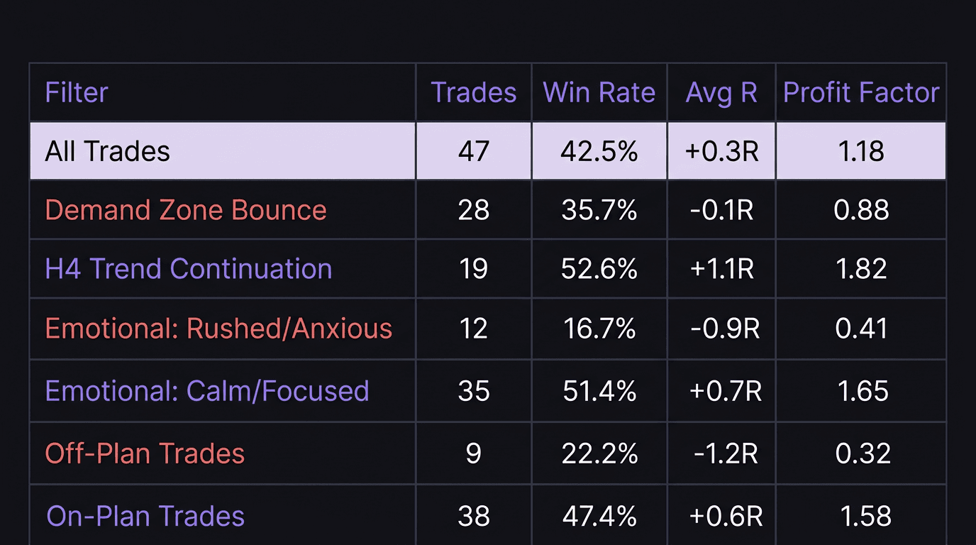 Spreadsheet table showing filtered journal analysis results by setup type, emotional state, and plan compliance