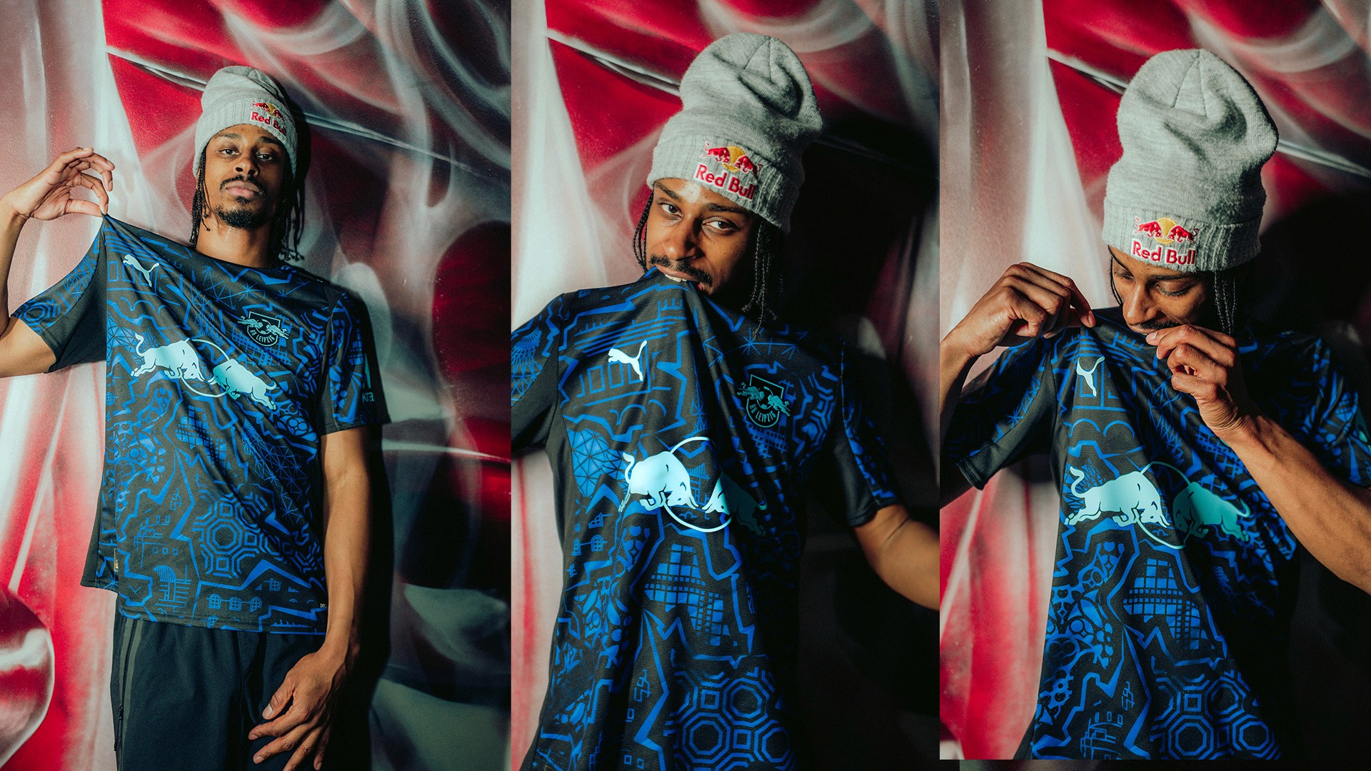 Stalamuerte dancing with RB Leipzig players Bakayoko and Lukeba at the Red Bull Training Center, Leipzig.