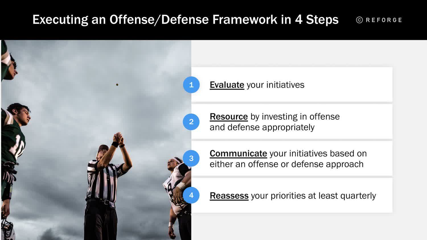 Executing an offense/defense framework in 4 steps: Evaluate, Resource, Communicate, and Reassess.