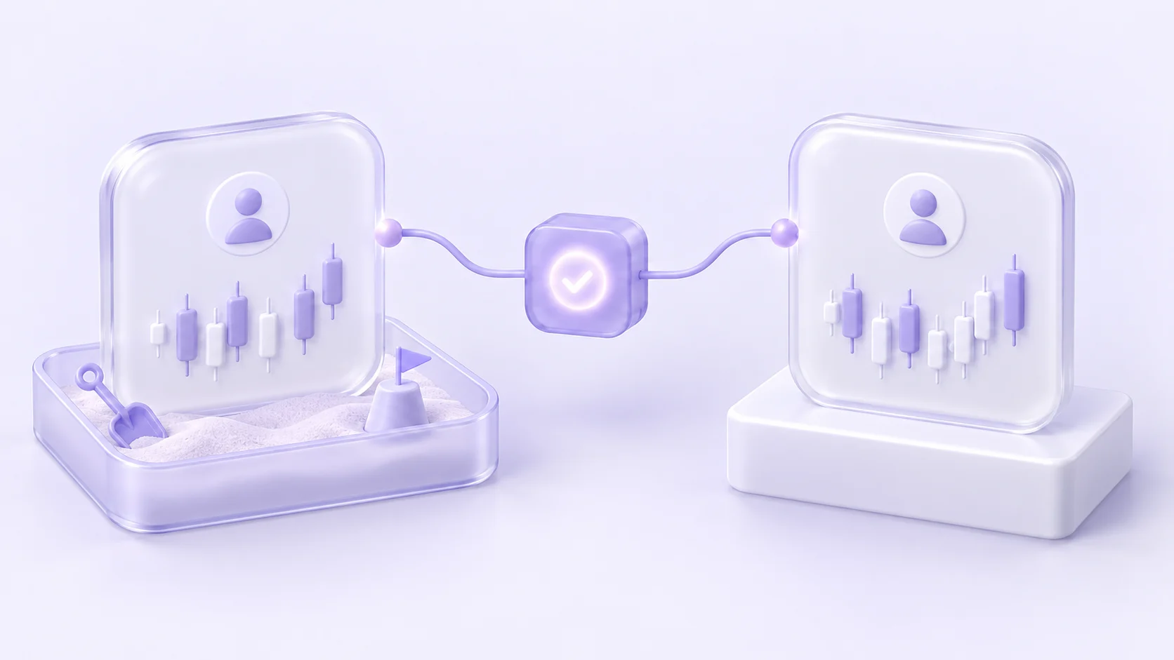 Practice and live account panels separated by a review gate