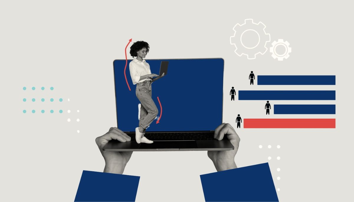 Professional standing on laptop with gears and data graphics, symbolizing what an applicant management system is and whether you need one.