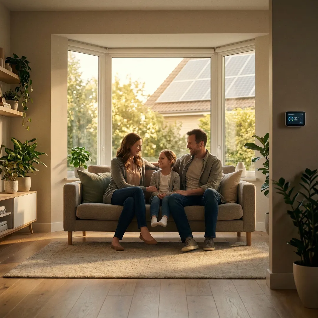 Famille sur un canapé dans un salon lumineux avec plantes vertes et écran de contrôle domotique au mur.