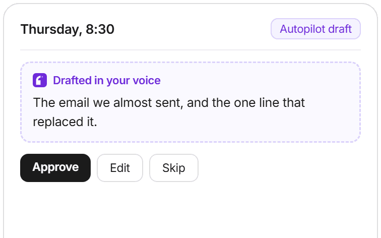 Growth Autopilot filling an open slot with a draft in your voice, waiting for your approval