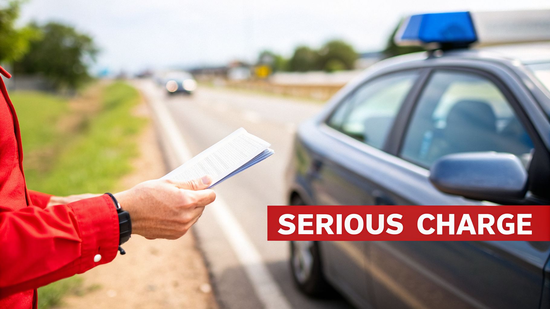 A person in a red shirt holds papers next to a police car on the side of a road, with a 