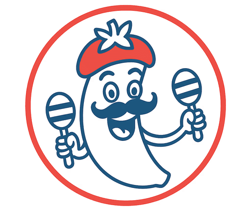 Picto burlesque avec une babane déguisé en tomate qui joue des maracas