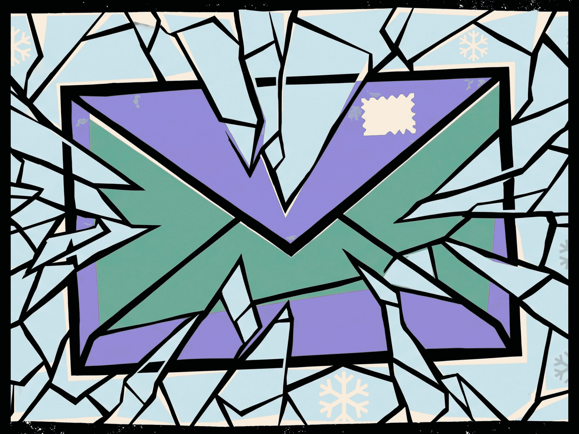 Illustration of a shattered ice envelope in purple and green, with a blank postage stamp, symbolizing breaking through the Q4 email marketing freeze.