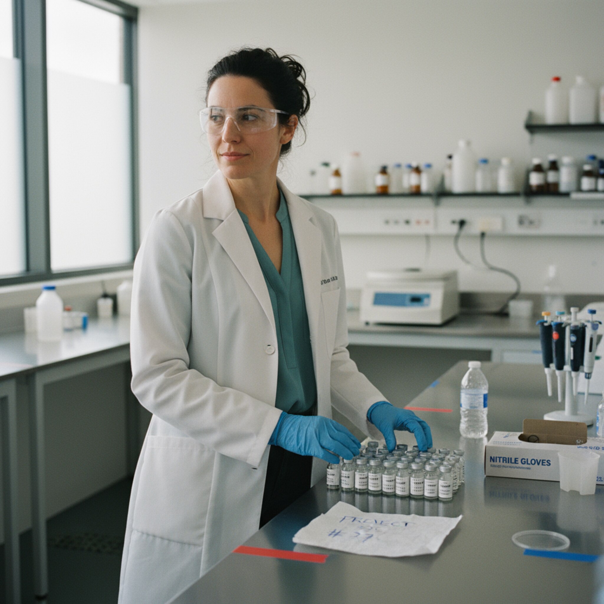 Ein Doktorand stellt Reagenzfläschchen ordentlich auf eine markierte Benchfläche. Neben ihm liegt ein Notizblatt mit Projektnummer. Ein kleiner Kasten mit Einmalhandschuhen steht griffbereit. Der Moment zeigt fokussierte Arbeit an einem zugewiesenen Platz, bereit für eine klar geplante Session.