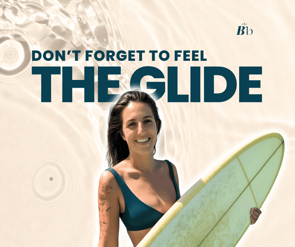 A woman smiling and holding a surfboard, seemingly a longboard. The text reads "Don't forget to feel THE GLIDE"