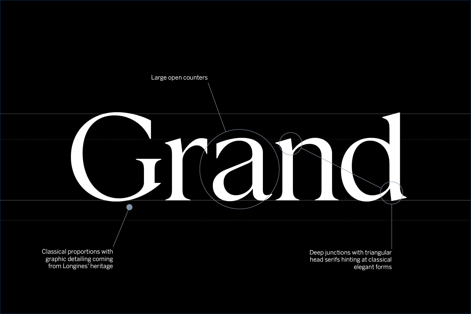 Text on a black background reads "Grand," with minimalist design elements and a focus on typography.