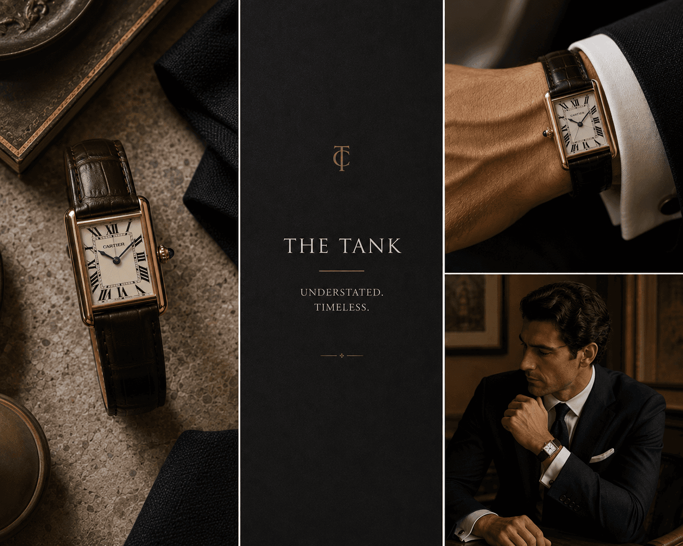 A four-panel luxury horology graphic centered on the classic Cartier Tank watch. The left panel shows a flat-lay close-up of the gold rectangular Cartier Tank watch with a brown alligator leather strap resting on stone next to tailored dark suit fabric. The center-left panel displays a dark background with gold serif text reading "THE TANK" and "UNDERSTATED. TIMELESS." Top-right features a close-up wrist shot of a man wearing the watch under a crisp white shirt cuff and dark suit jacket. Bottom-right displays a handsome male model in a tailored dark suit thoughtfully resting his chin on his hand, showing off the timepiece.