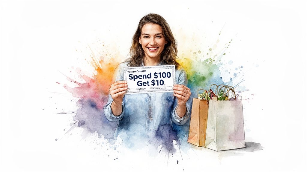 A smiling woman holds a 'Spend $100 Get $10' sign, with shopping bags and colorful splashes.