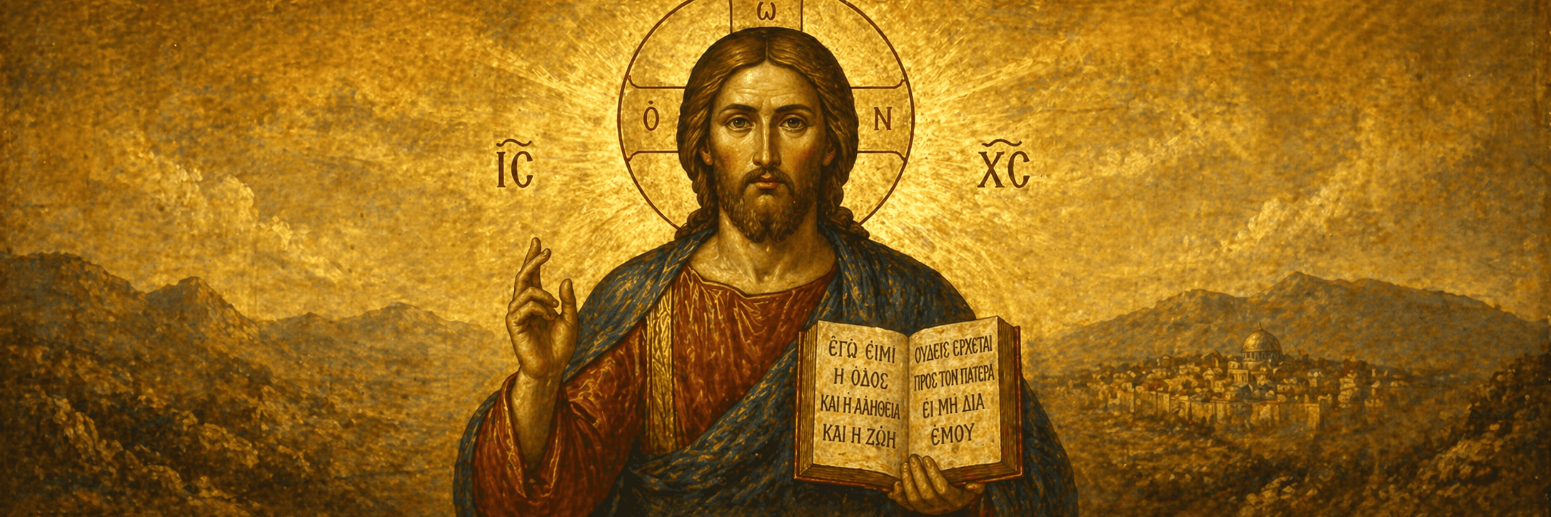 Who is Jesus in Christianity depicted as Christ in an Eastern Orthodox icon with golden background, halo, and open Gospel book