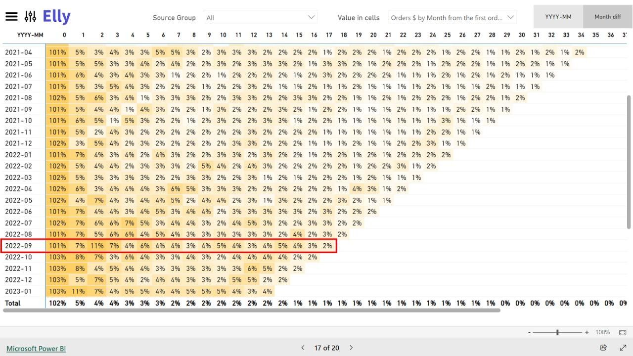 Cohort analytics table with repeat purchases screenshot 