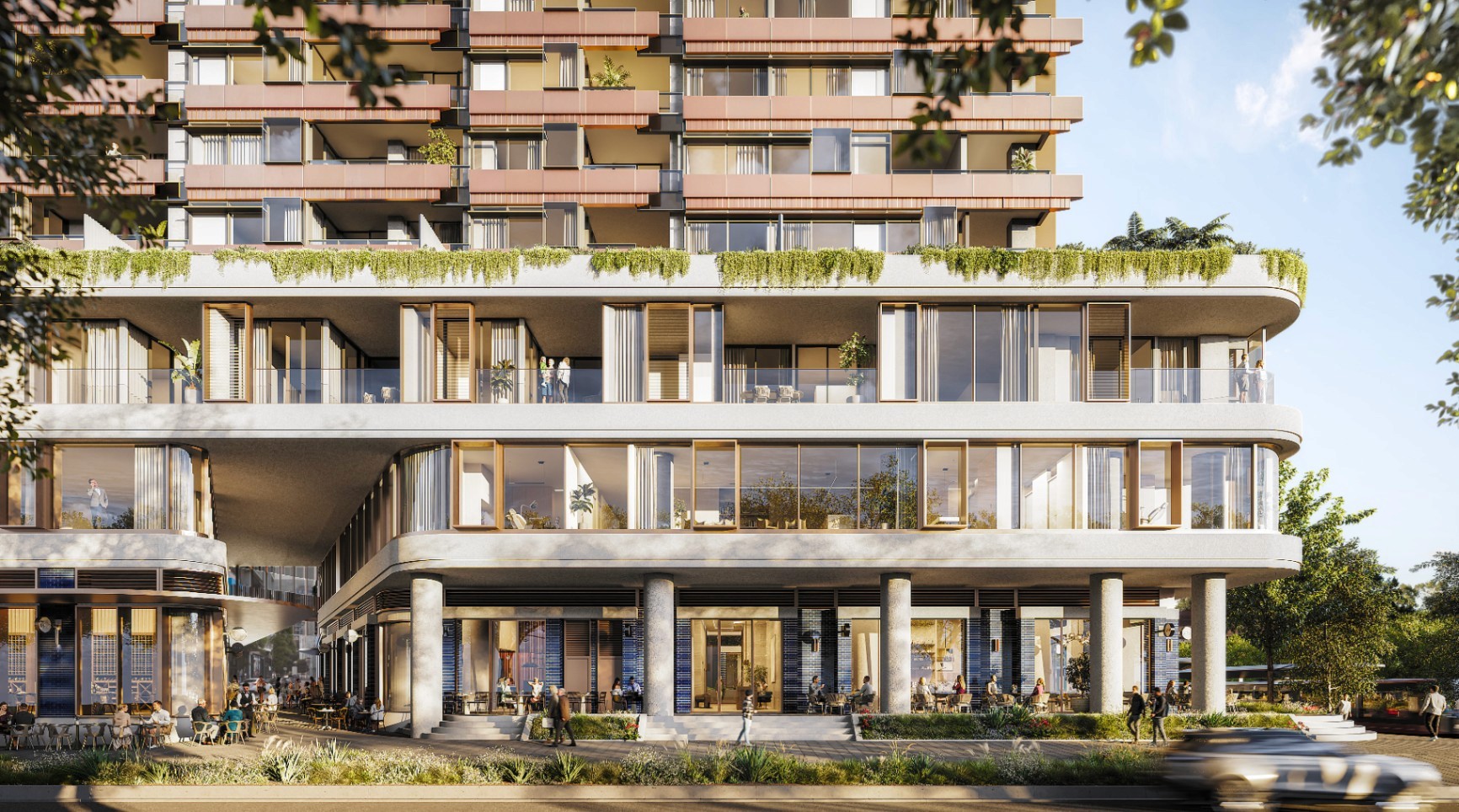 Cosmopolitan Parramatta exterior showcasing contemporary architecture, landscaped podium levels, and vibrant ground-floor retail in the CBD.