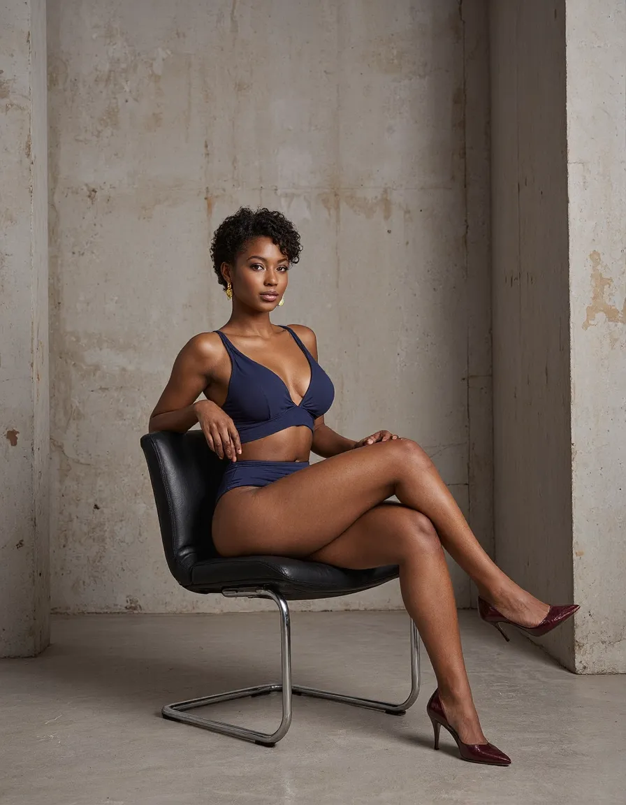 Modern fashion photography featuring navy blue two-piece set against minimalist concrete backdrop, model seated on black chair