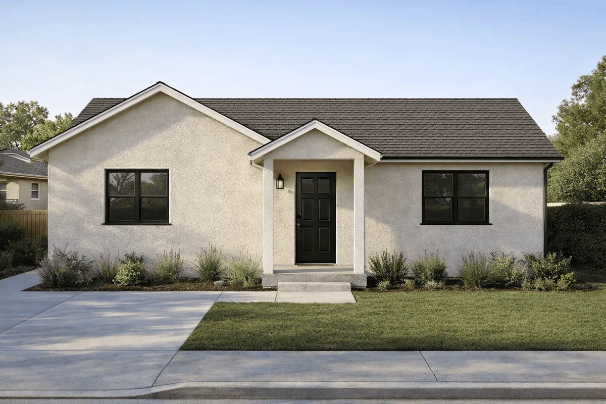 A modern single-story house with a light exterior, a sloped roof, and well-maintained landscaping.