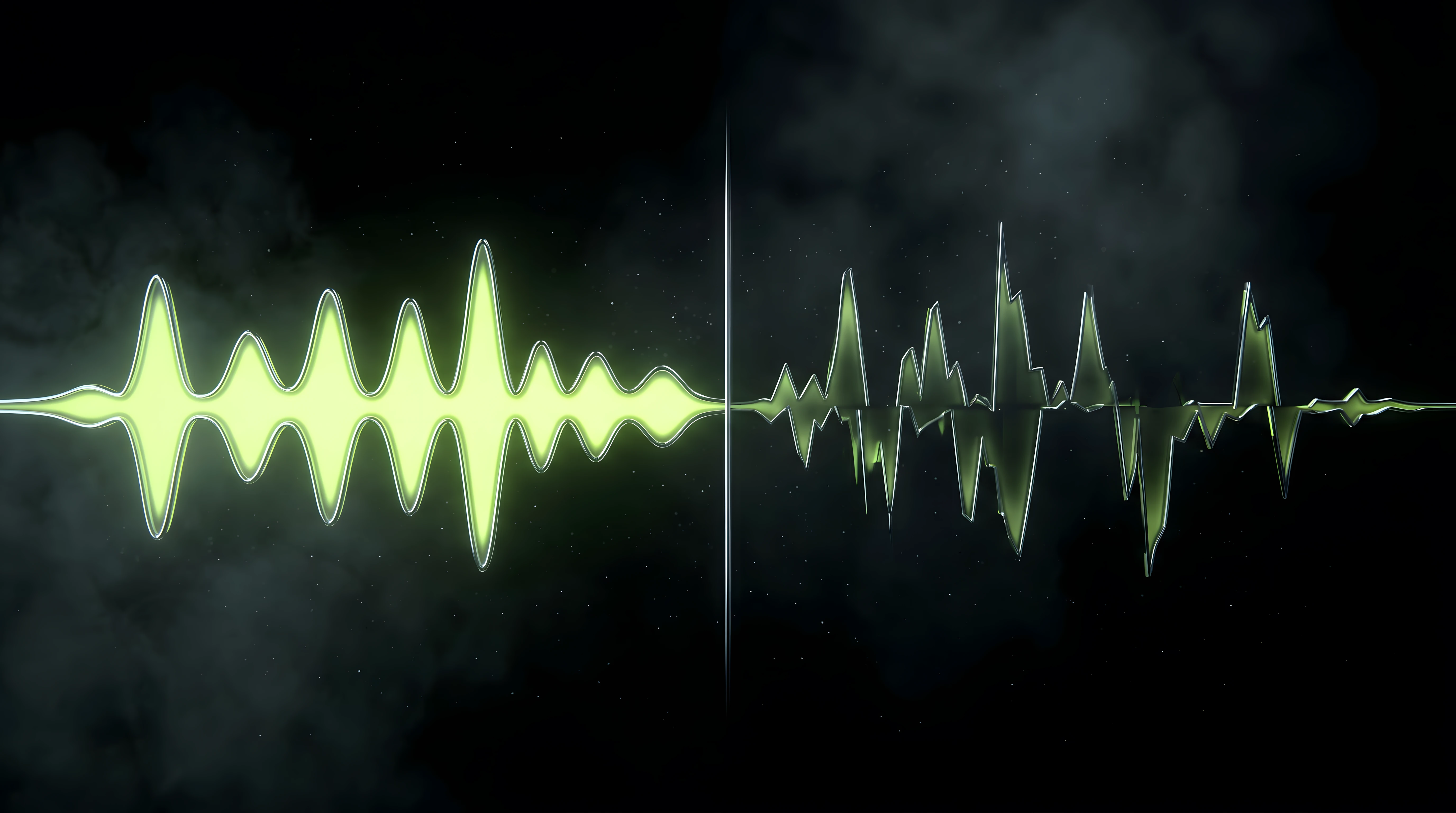Two contrasting waveforms side by side in lime and chrome on a void background, one smooth and consistent, one fragmented and clashing, representing a sonic consistency comparison.