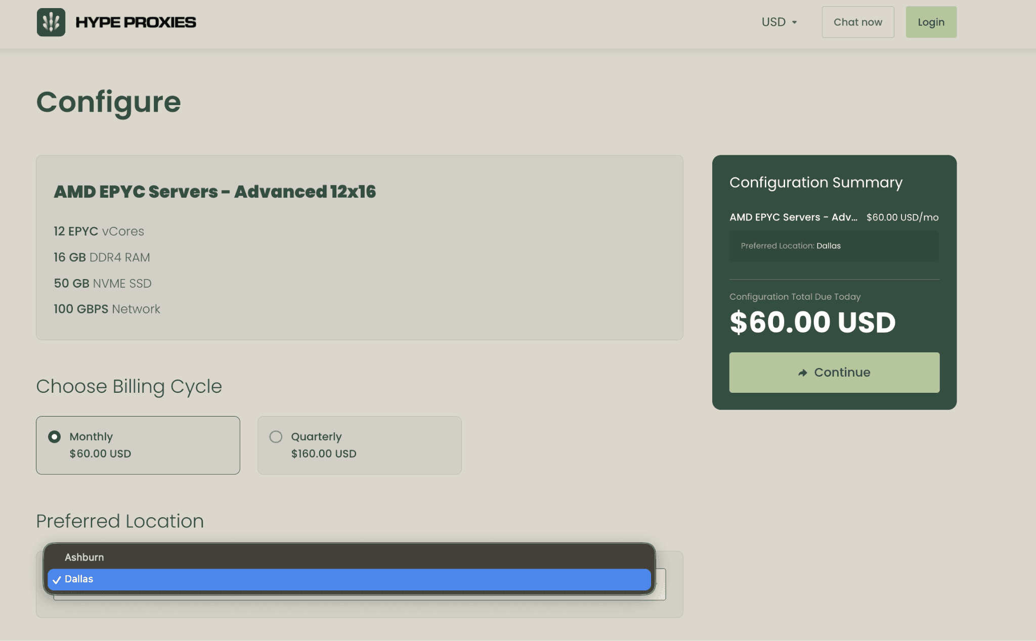 The Configure page for AMD EPYC Servers Advanced 12x16 on the HypeProxies dashboard. The Preferred Location dropdown is open, listing Ashburn and Dallas, with Dallas checked. The Configuration Summary panel on the right confirms Preferred Location: Dallas at $60.00 USD per month.