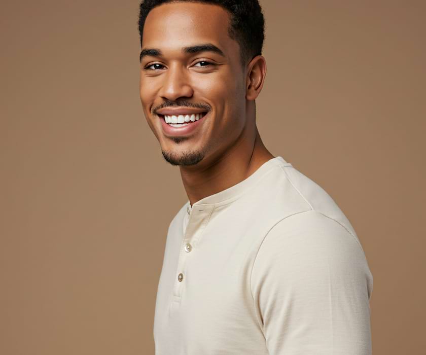 Smiling man in a cream henley shirt against a tan background. He's shown from the waist up, exuding confidence and warmth. Casual, positive tone.