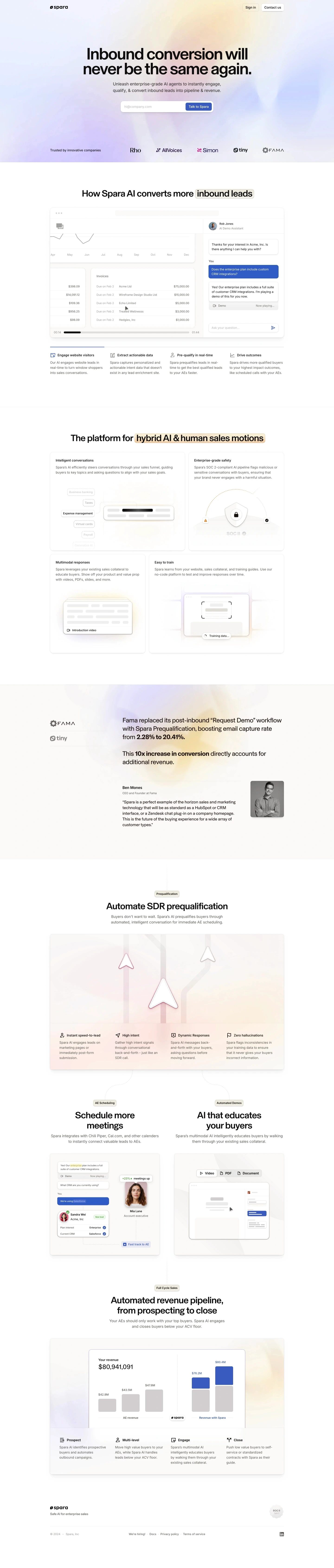 Spara landing page screenshot showcasing Tech design