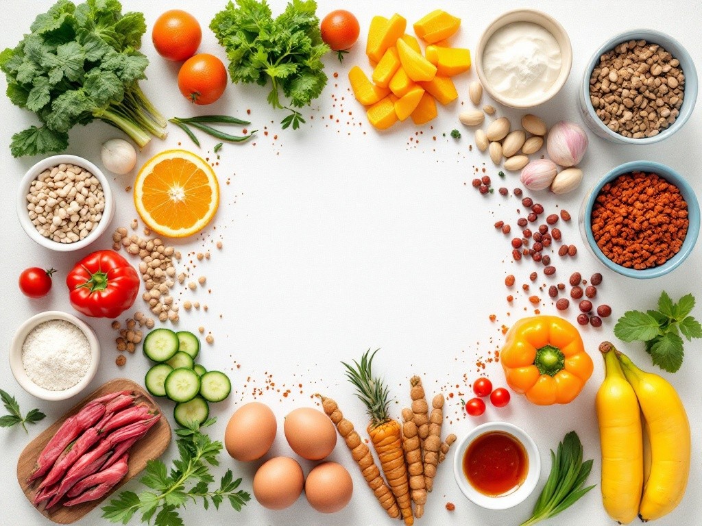 A colorful arrangement of various healthy foods including fruits, vegetables, legumes, and grains.