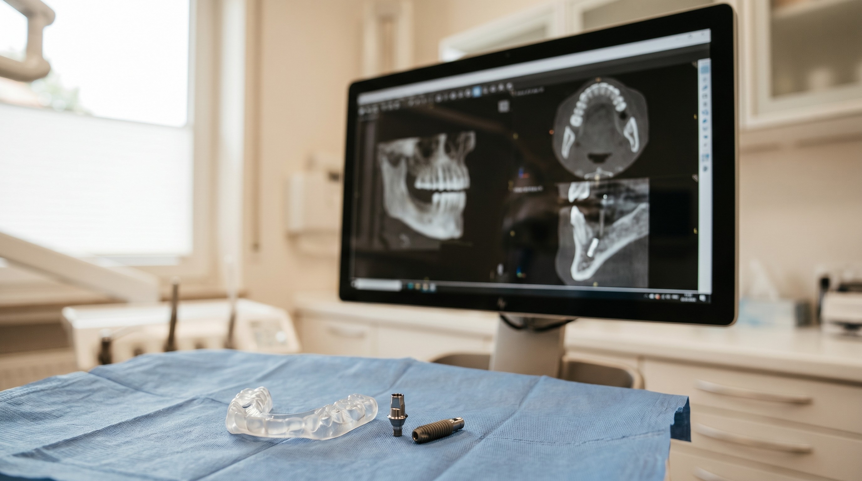 CBCT scan on monitor with surgical guide and titanium implant on blue drape