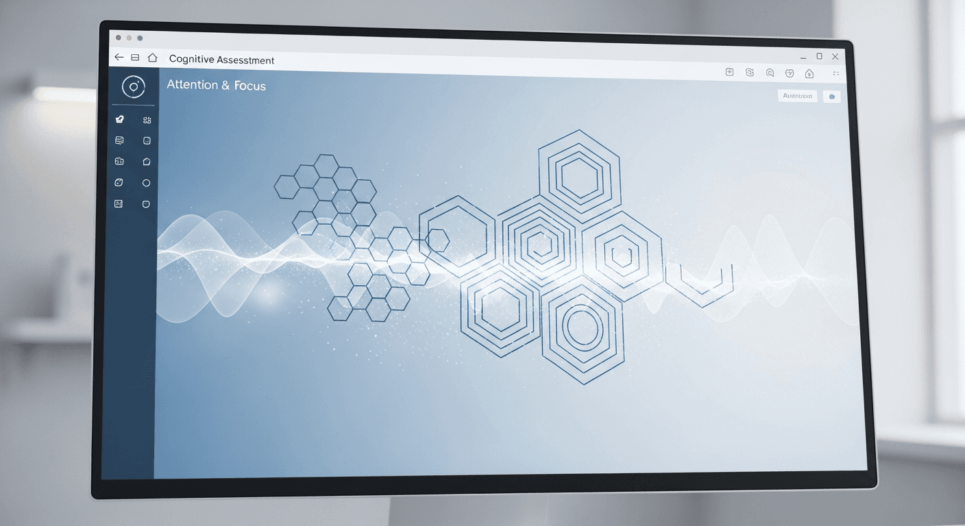 Modern clean medical interface showing computerized cognitive assessment, abstract visualization of attention and focus testing with geometric patterns and soft data visualization elements, professional healthcare technology aesthetic, calm blue and white color palette, minimalist clinical setting