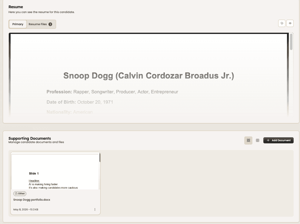 review and manage resumes and supporting documents inside candidate profile