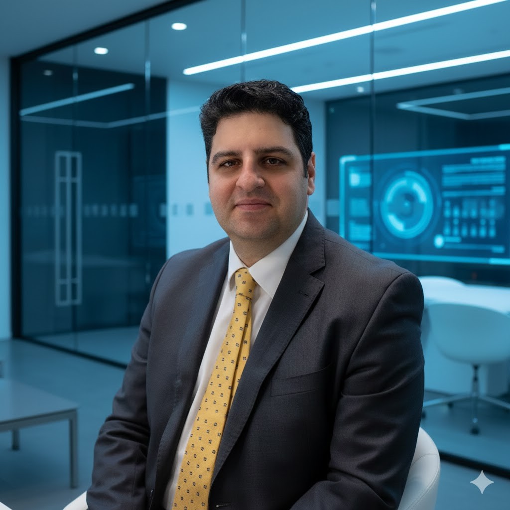 Portrait of a young man with short hair, wearing a dark t-shirt, against a plain background.