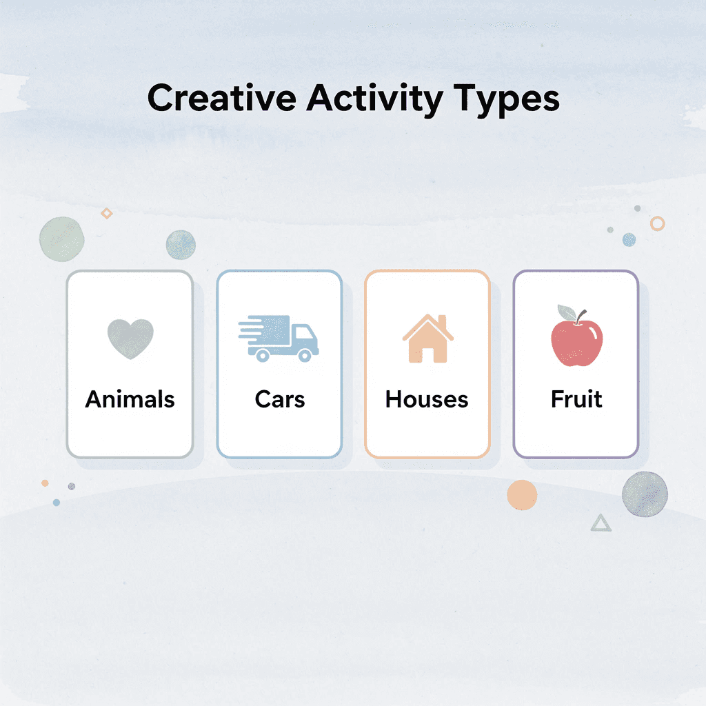Four cards showing different coloring page categories