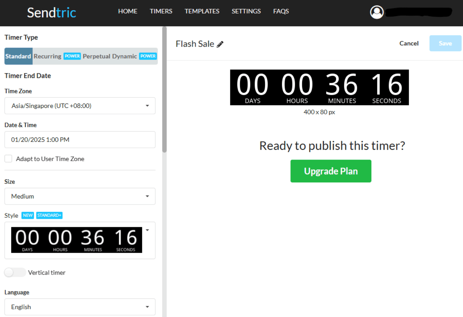 Sendtric Timer Configuration: "A user interface for configuring a countdown timer for a flash sale. Displays timezone, size, and style customisation options alongside a preview."