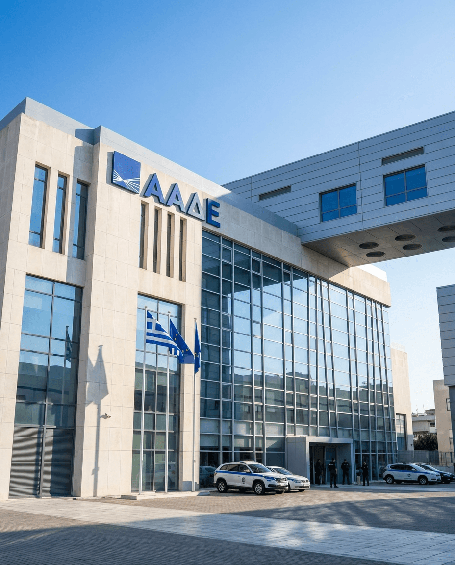Exterior view of the AADE public revenue authority building in Greece.