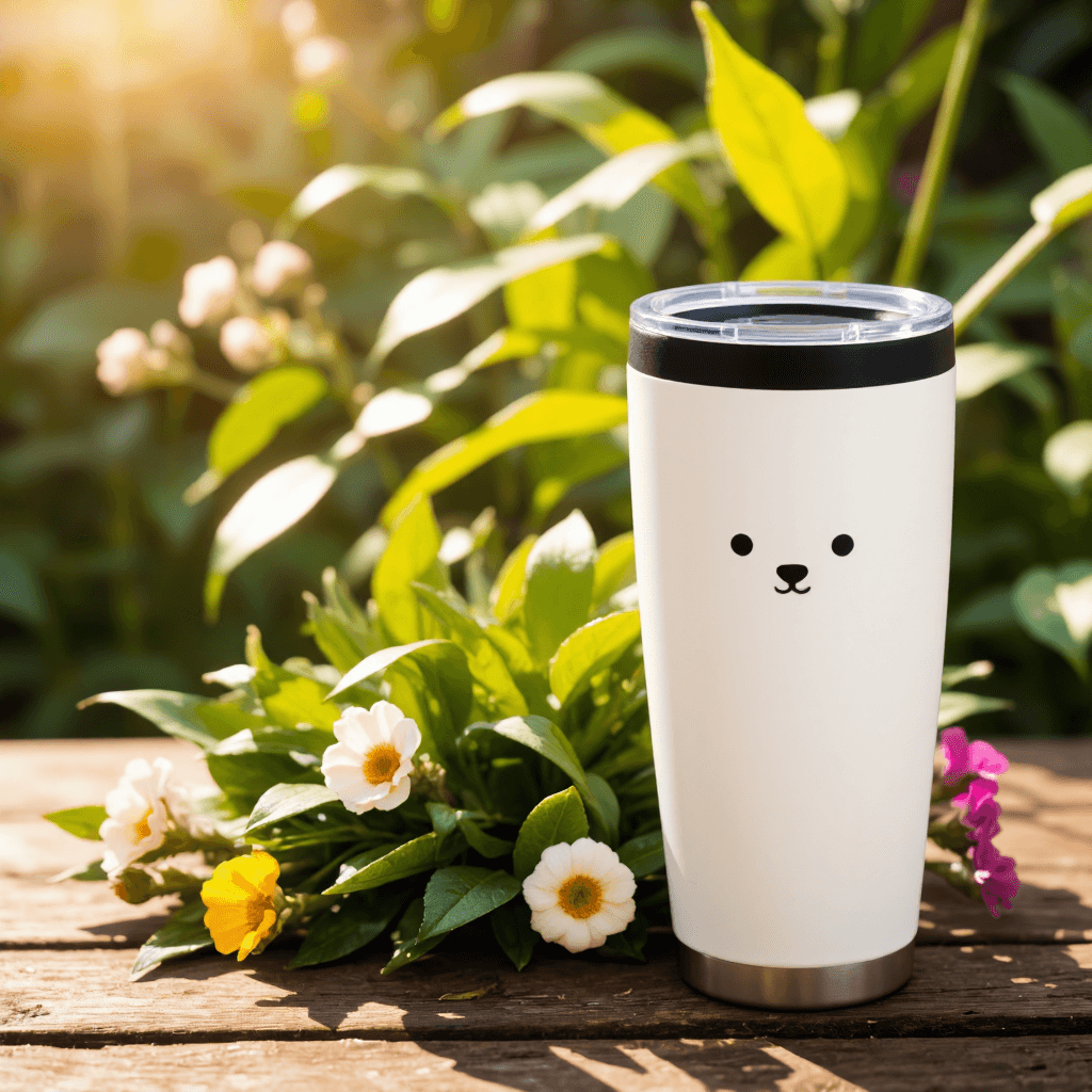product photography of a travel mug with a cute animal design, used for beverages