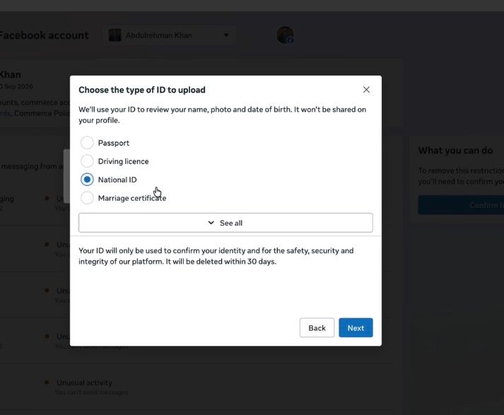Meta dialog Choose the type of ID to upload, with Passport, Driving licence, National ID and Marriage certificate options and a Next button.
