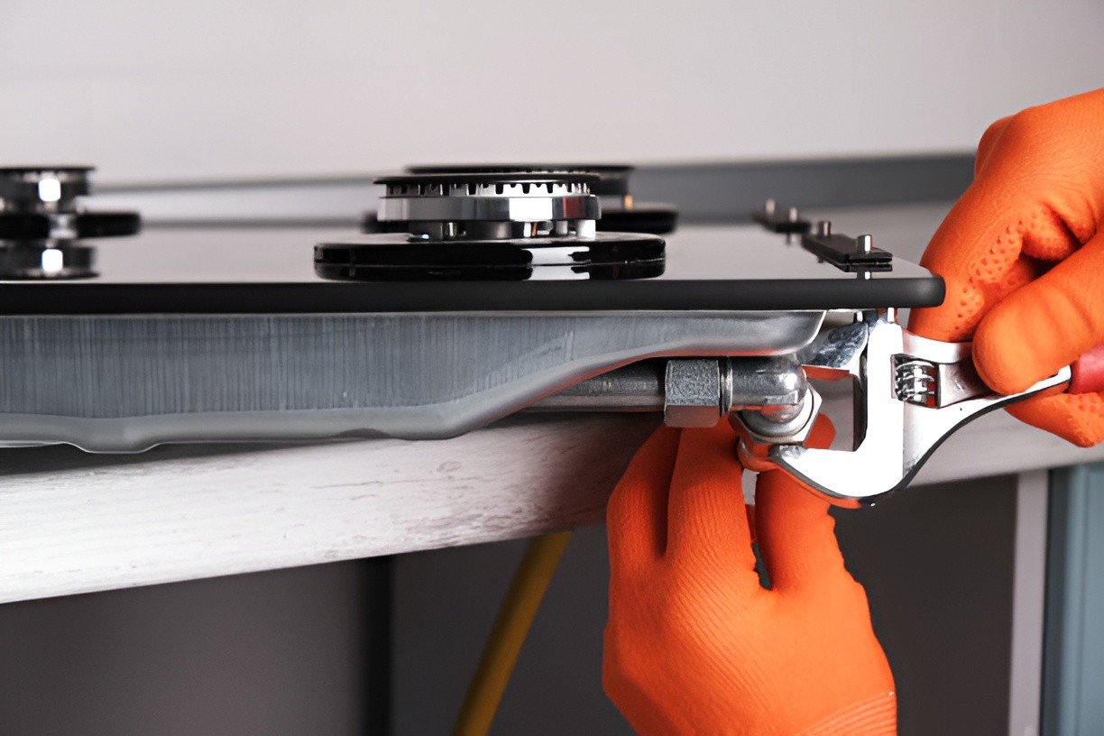 man fixing stove with orange gloves