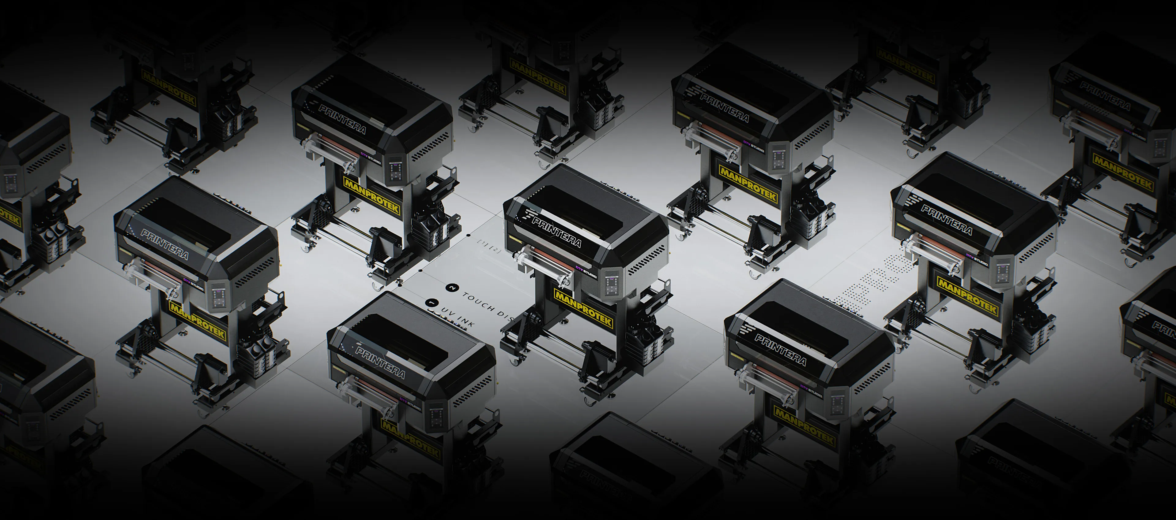 3D graphic showing multiple Printera Studio UV DTF printers arranged efficiently in a grid, highlighting their compact size that allows for hassle-free installation even in limited spaces compared to conventional large printers