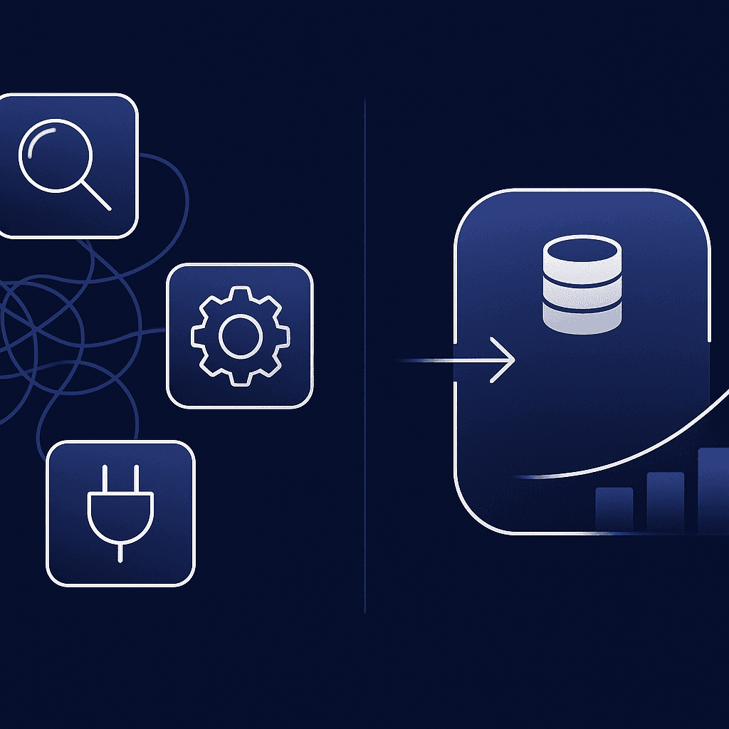 Split graphic contrasting fragmented multi-tool stack with single unified platform seamlessly feeding CRM