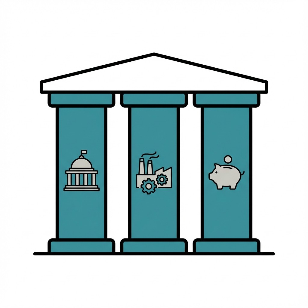 Illustration eines Gebäudes mit drei Säulen, darauf Symbole für Regierung, Industrie und Finanzen (Kapitol, Fabrik, Sparschwein).