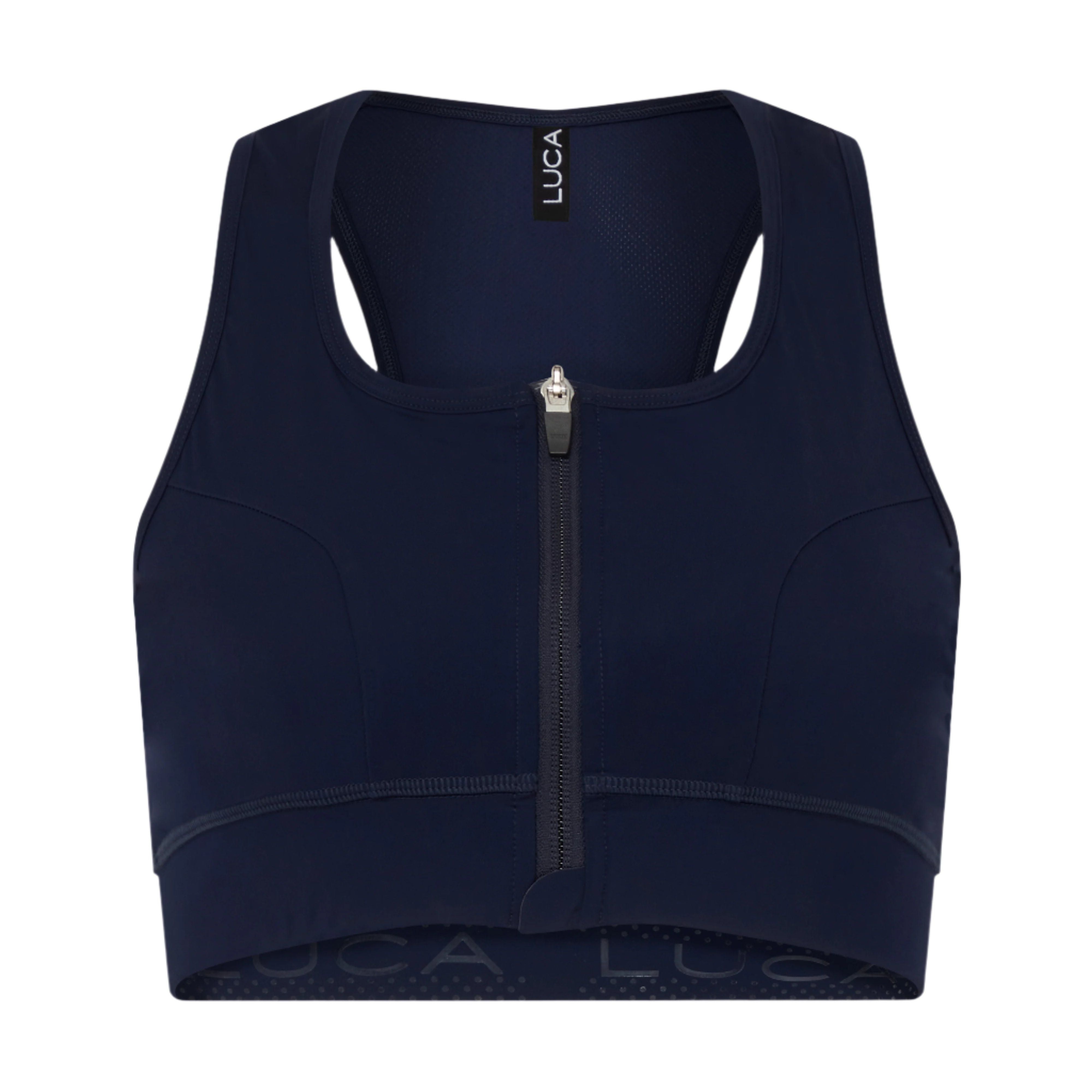 Product-photo-of-a-navy-blue-athletic- sports-bra-displayed-against-a-white- background-It-features-a-sturdy-full- front-zipper-closure-and-a-racerback- design-with-mesh-detailing-The-black- LUCA-brand-tag-is-visible-near-the- neckline-Focus-on-women's-navy- front-zip-sports-bra-high-support- activewear-dark-blue-cycling-crop-top-and-easy-wear-workout-gear