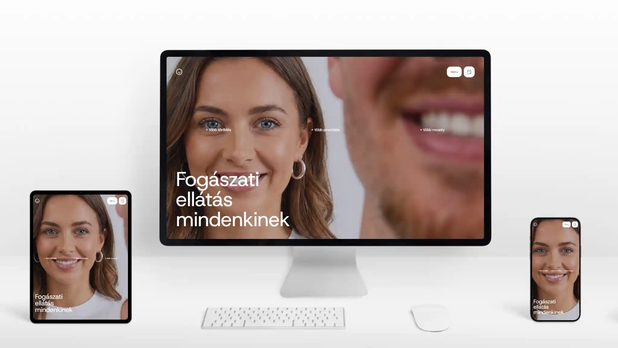 A Dentia fogászati klinika egyedi weboldal készítés eredménye: reszponzív megjelenés asztali gépen, tableten és mobilon. A hero szekcióban természetes portréfotó és elegáns tipográfia: "Fogászati ellátás mindenkinek".