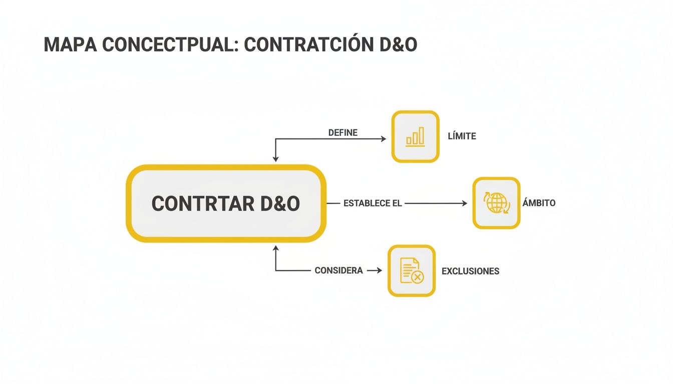 Mapa conceptual explicando la contratación de seguros D&O, detallando límites, ámbito y exclusiones.