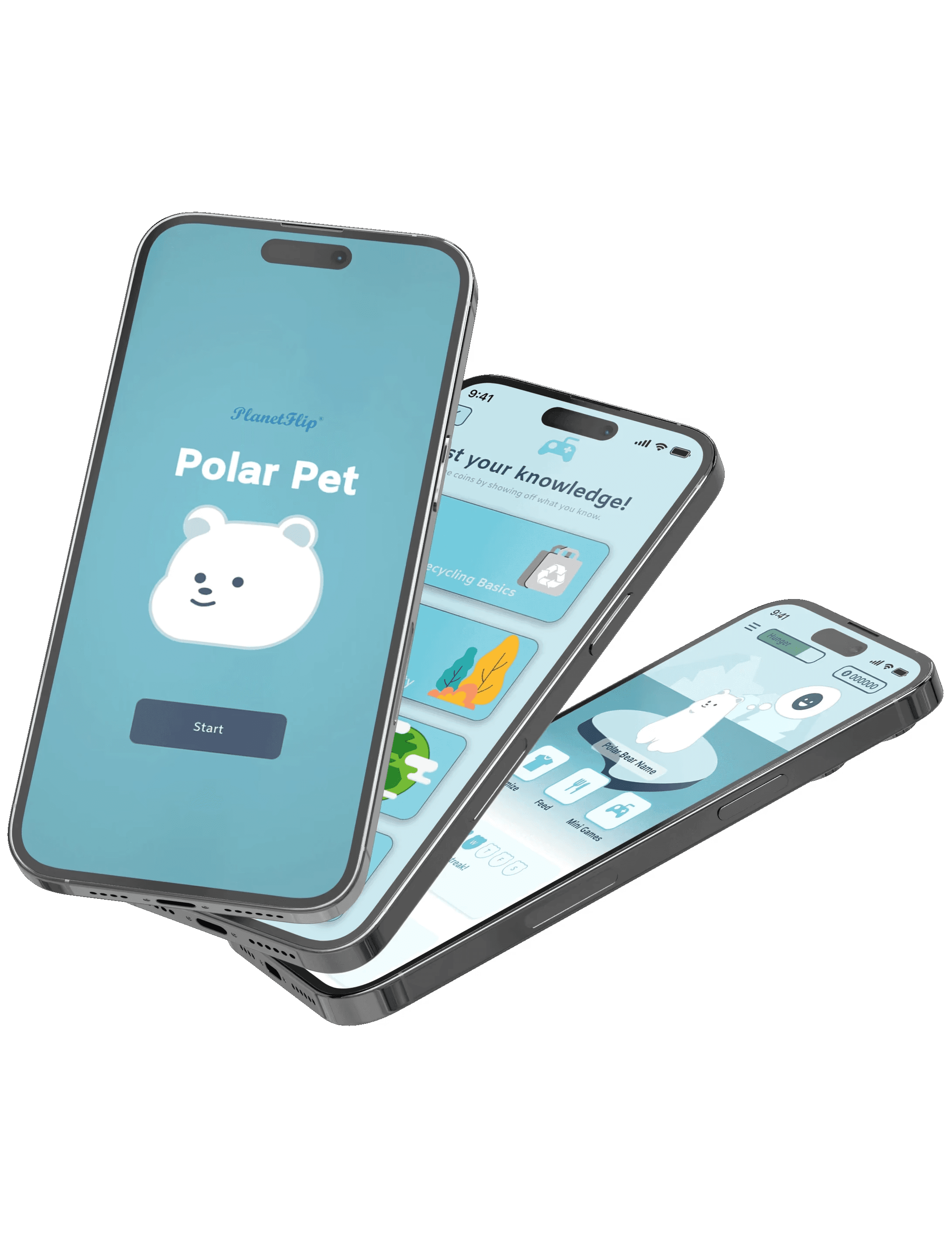 Mobile app showing PlanetFlip app with interactive polar pet feature.